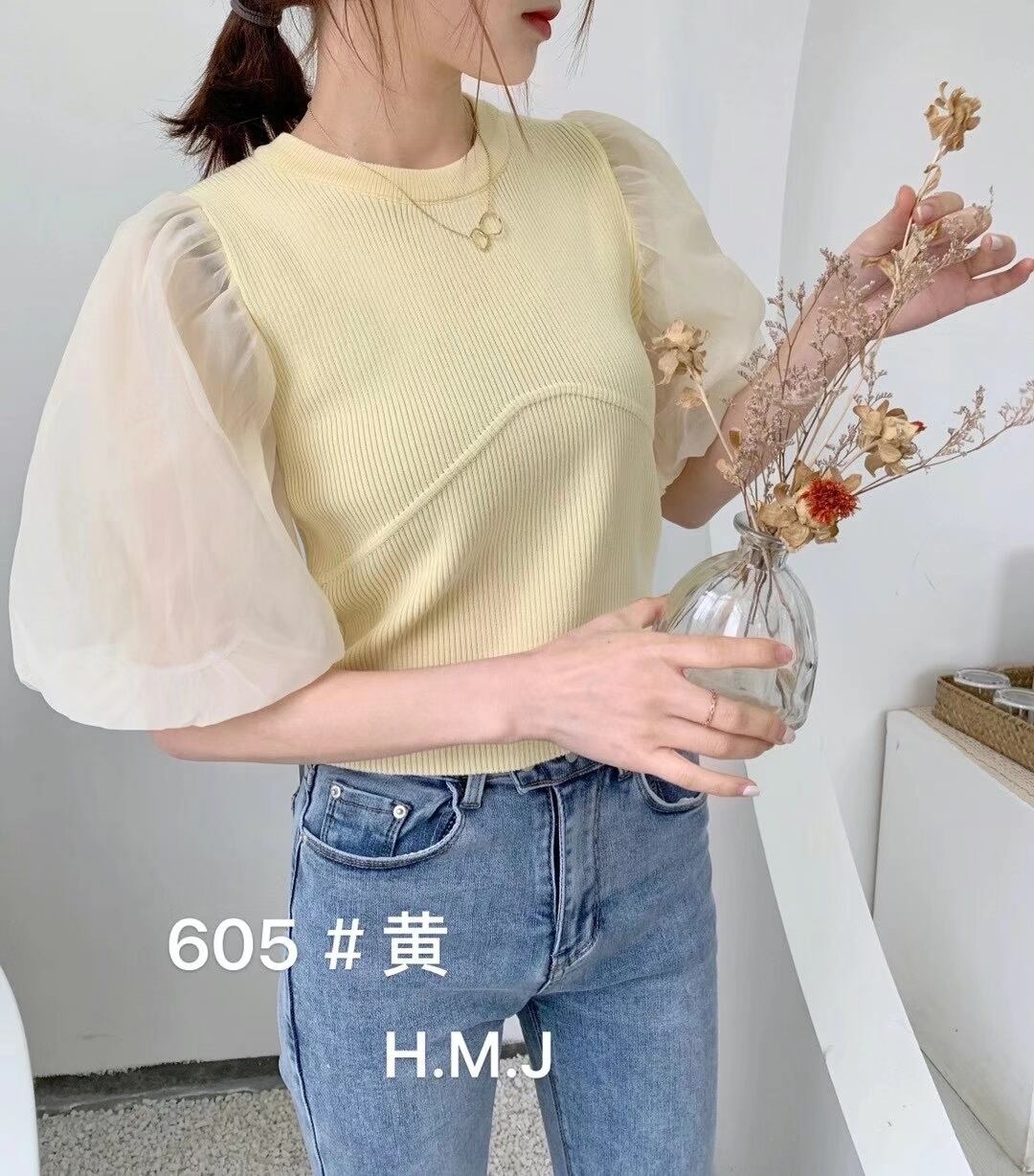 袖シフォン切り替え　クロップドトップス　AJ111-3022