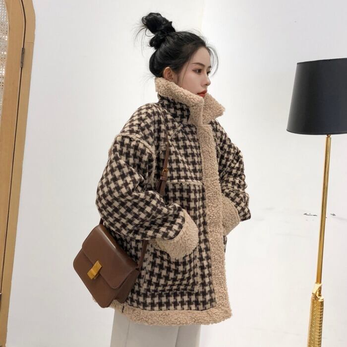 ウィンター格子柄フェイクウールカラートップス コットン 冬物 ファー 1号婦人38167714592