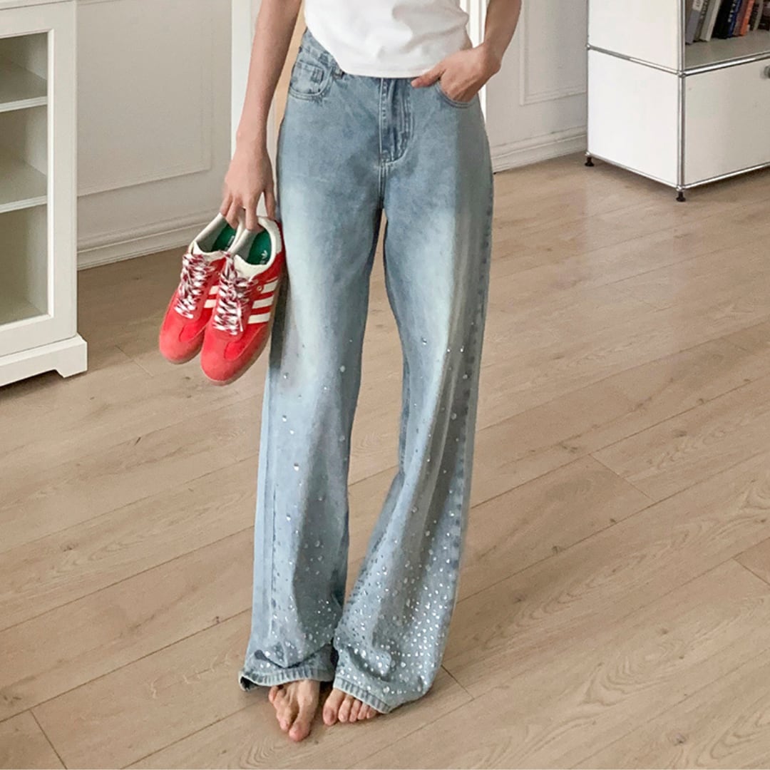 high waist blue straight pants