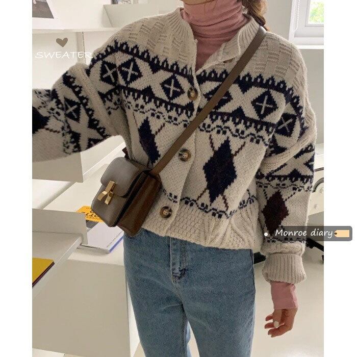 スタンダードスタイルセーター カーディガンオータムウィンタールーズVネックトップス コート ロング レトロ 秋物 冬物 モンロー25702394387