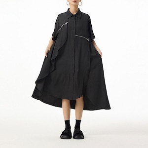ASYMMETRIC ZIPPER A-LINE SHIRT MIDI DRESS M-17190
