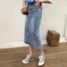 スカート レディース ロング ロング丈 タイト 細身 デニム ブルーデニム シンプル カジュアル おしゃれ お洒落 かっこいい ラフ ブルー 無地 オールシーズン シーズンレス 10代 20代 30代 学生 通学 デート お出かけ 女子会 普段使い 韓国 韓国系 オルチャン ファッション コーデ スタイル モテ 定番 レディース