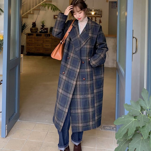 コート レディース アウター ロングコート チェック柄 レトロ シック 落ち着きカラー ルーズフィット ワンサイズ