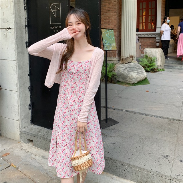 好評中、花柄ニットワンピース2点セット　A01140