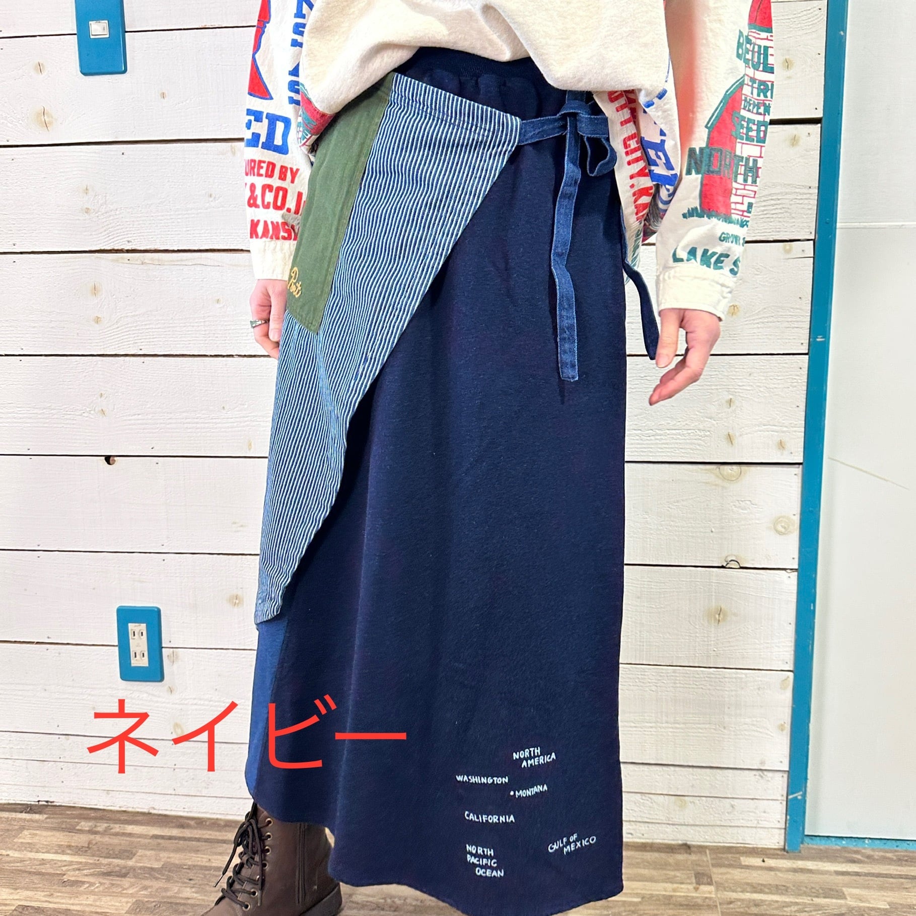 インディゴミニ裏毛ラップスカート　2472　ウエストゴム　フリーサイズ　巻きスカート　デニムヒッコリー