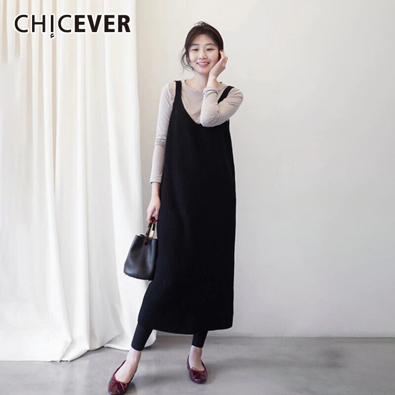 CHICEVERドレスレディースVネックノースリーブスリングバックレスウエストニットドレス2020オータムスタイル 秋物 6base522170717184
