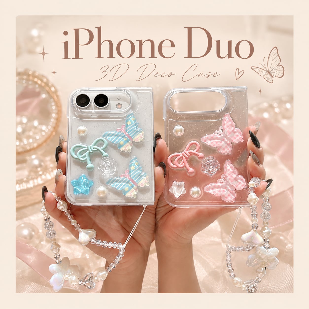 送料無料【iPhone Duo】3Dデコ クリアケース ビジューストラップ付き|蝶々 リボン 海モチーフ ボタン パール 全5種 折りたたみスマホケース ND-16786