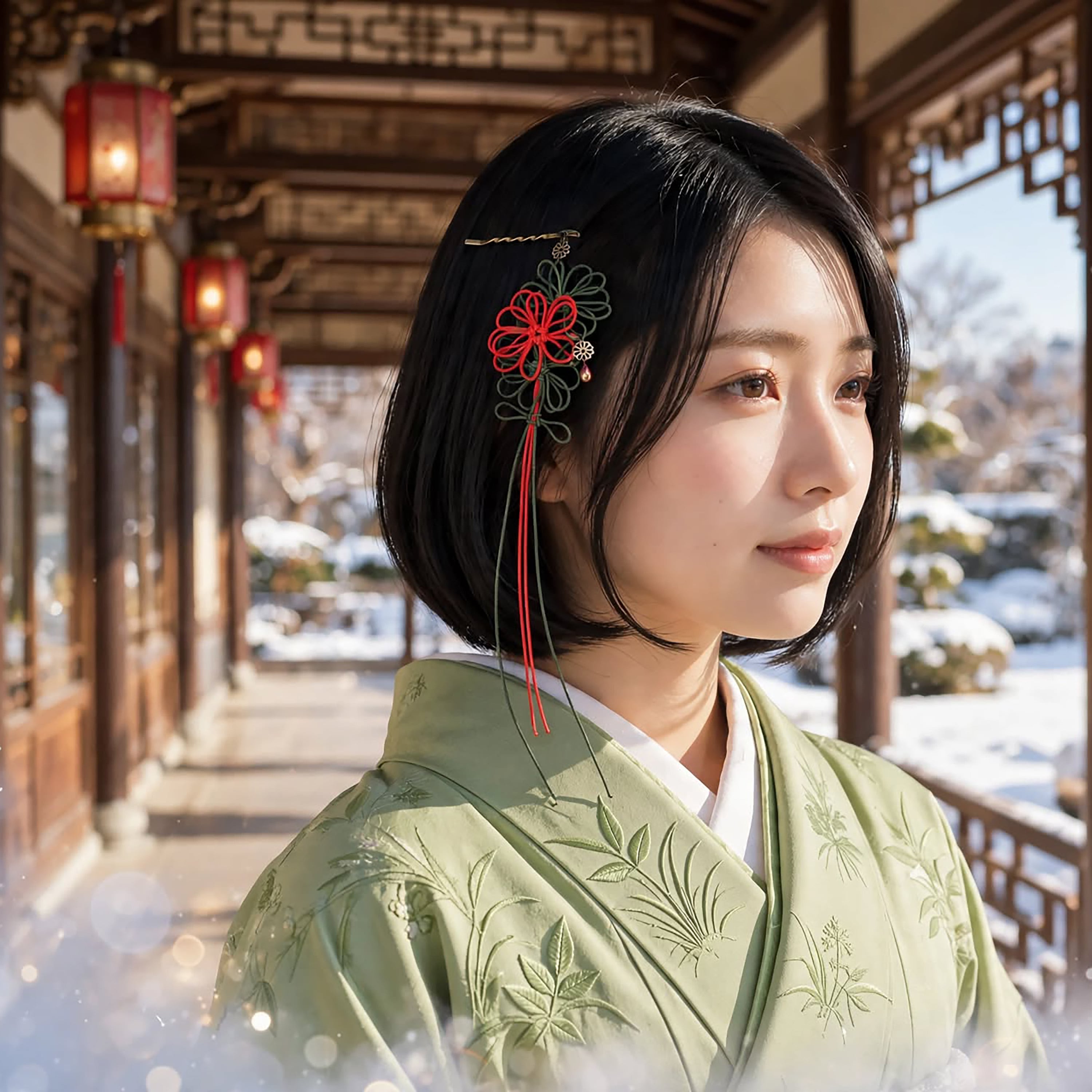 飾り結びヘアピン「陽の艶、日々に」(朱×深緑)【軽量快適】ショートヘアも簡単和風アレンジ。