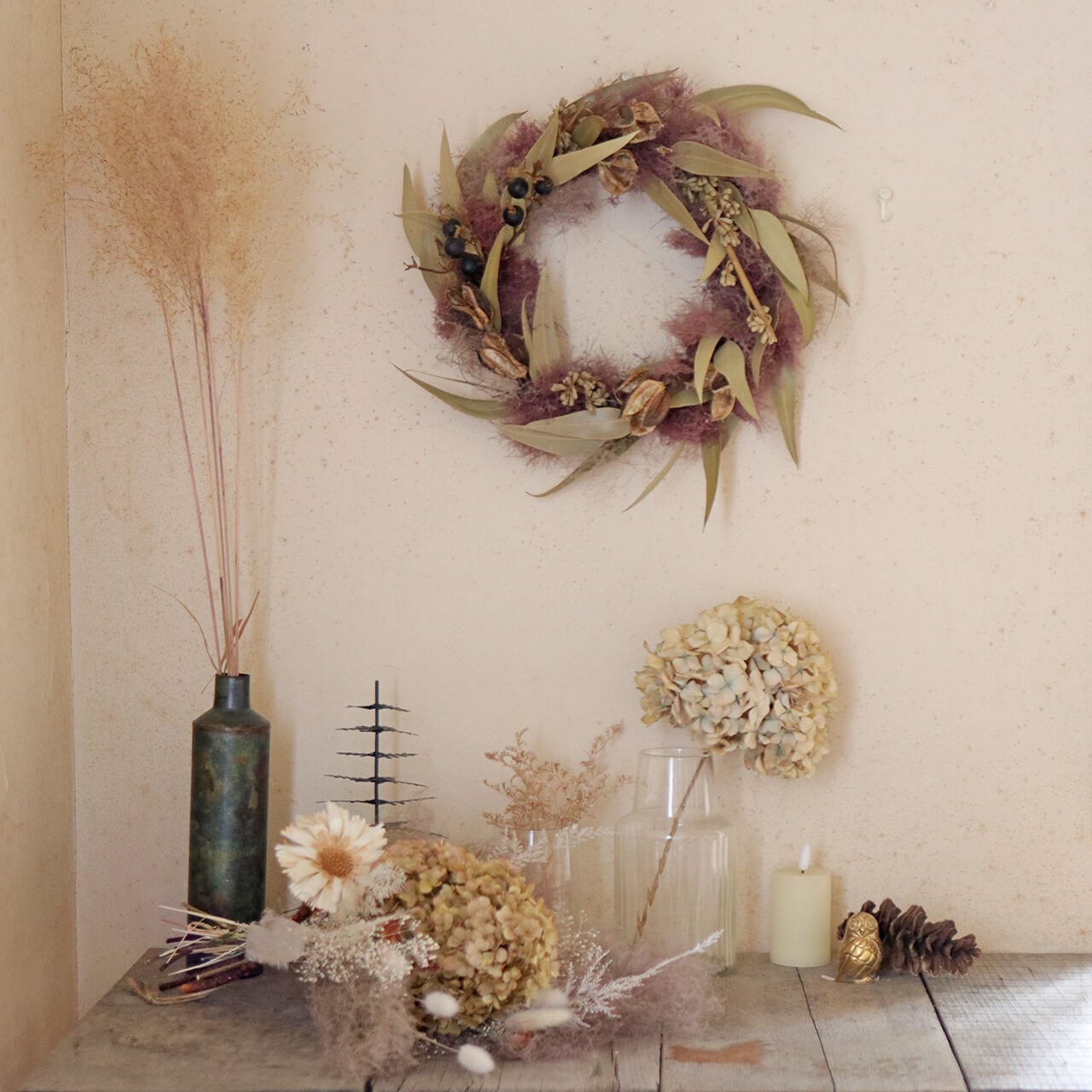 ドライフラワーリーススモークツリーリースドライフラワースワッグ春リース