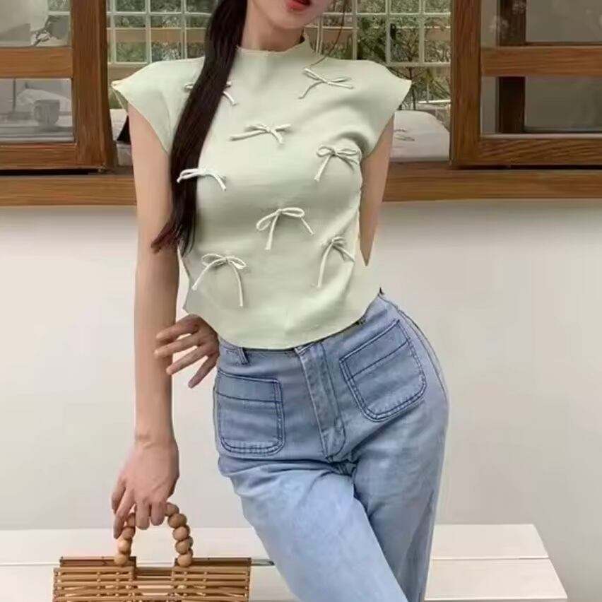 リボンモチーフクルーネックニットTシャツ