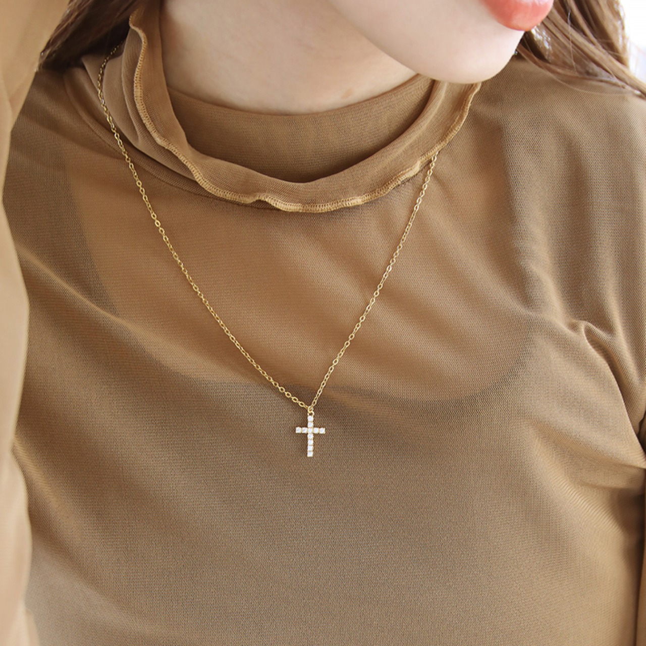 【ネコポス便】ネックレス クロスジルコニアネックレス サージカルステンレス 金属アレルギー つけっぱなし 華奢 金アレ対応 2175