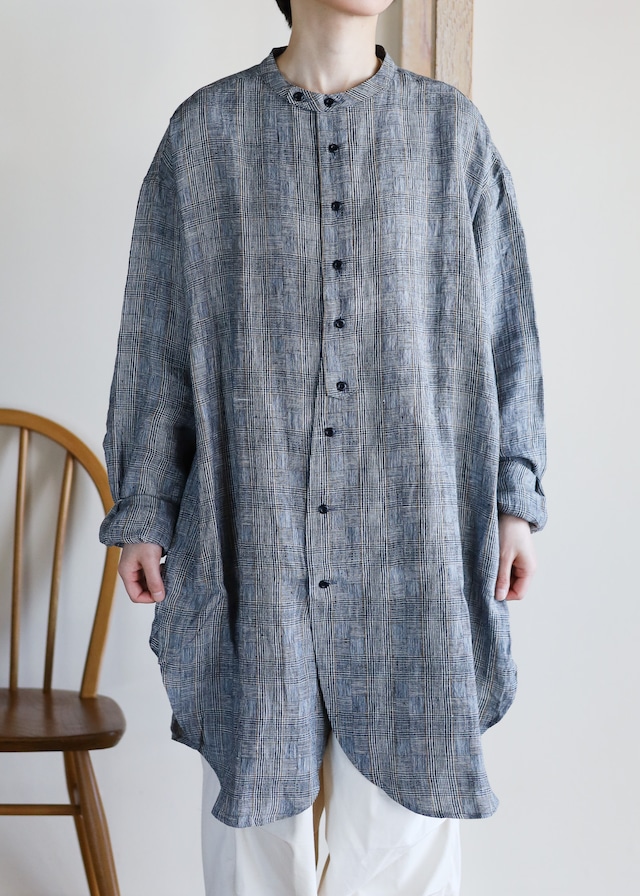 Vlas Blomme - Linen Check チュニックシャツ - Light Grey