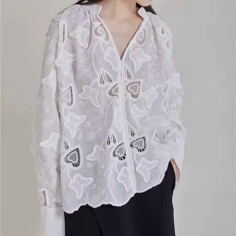 シンプルシックレースシャツトップス A0345