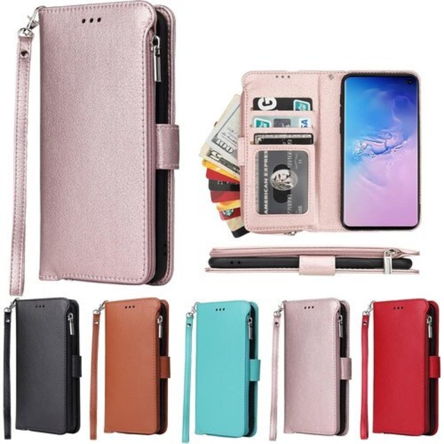 Eastwave サムスン ギャラクシー S10 ケース for Galaxy S10 ケース 手帳型 for Samsung S10 財布型 背面ICカード コインポケット ストラップ付き カード 収納 小銭入れ ファスナーポケット付き PUレザー 5色 ピンク 805