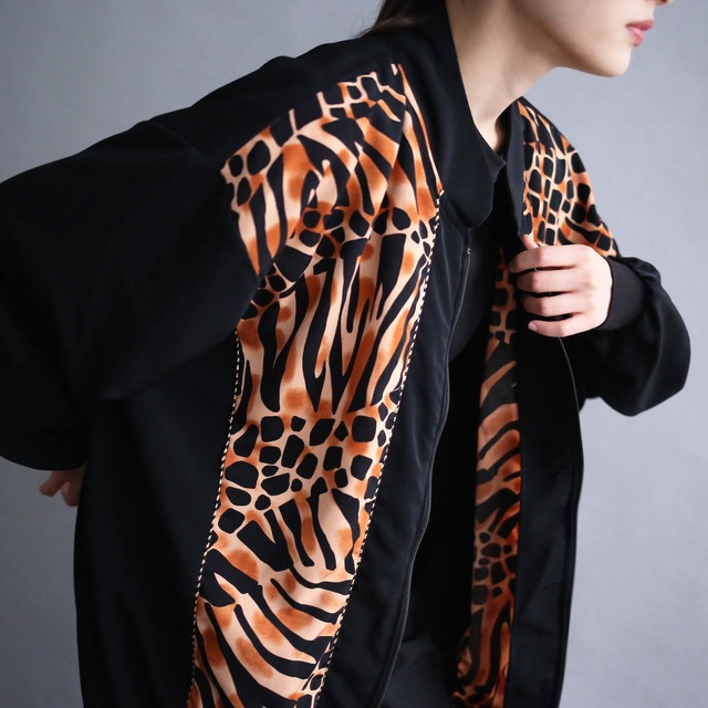 switching design over size box silhouette mao-collar zip-up blouson