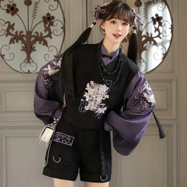 紫苑の夜を纏う花影 刺繍ワイドスリーブショート中華ロリータ4点セット