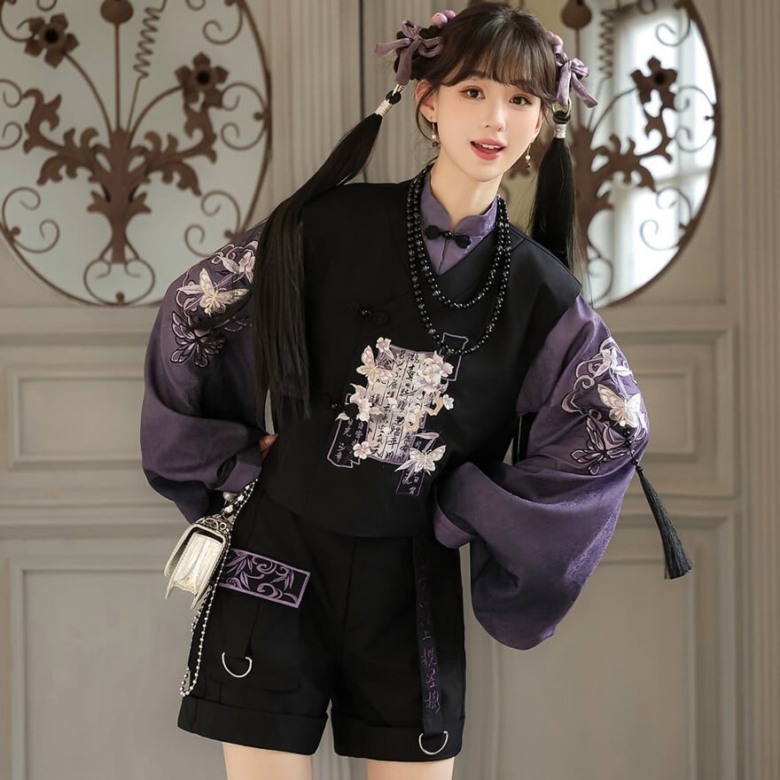 紫苑の夜を纏う花影 刺繍ワイドスリーブショート中華ロリータ4点セット