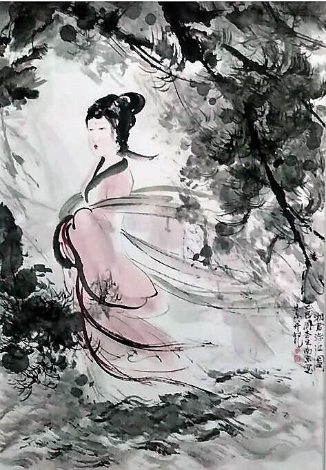 周杏生「湘君子女図」水墨画 額縁外寸69.0x91.5x3.0㎝ 内寸サイズ61.0