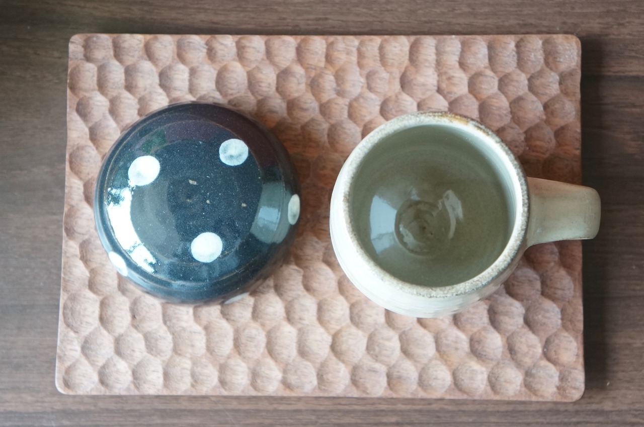 小石原焼　やままる窯　きのこカップ（小）黒/白ドット ②　[1-399]