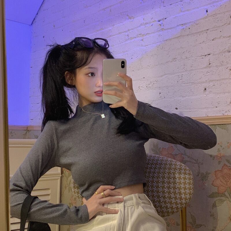 ショートハイウエストタイトフィットハーフハイカラーグレー長袖Tシャツレディース2020年秋新作インナーベースシャツトップス ブラックストロベリース40934106300