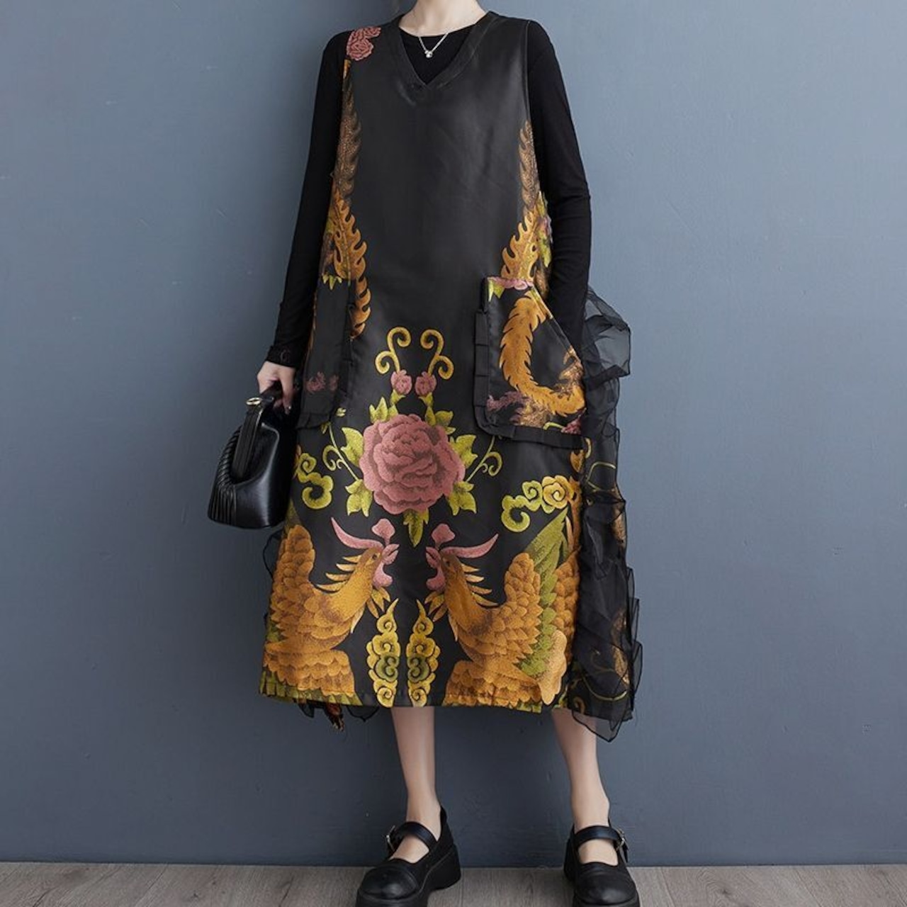 花鳥柄 ノースリーブ ワンピース  00035