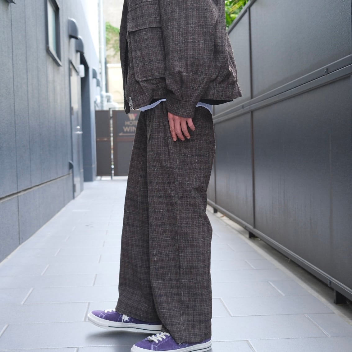 EVAN KINORI(エヴァン キノリ) /Elastic Pant Kasuri Wool Check-Brown