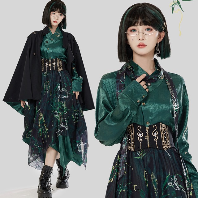 中華 ゴシック アシンメトリー シフォン スカート｜チャイナ 風 柄 プリント サブカル ボトム  卿棠