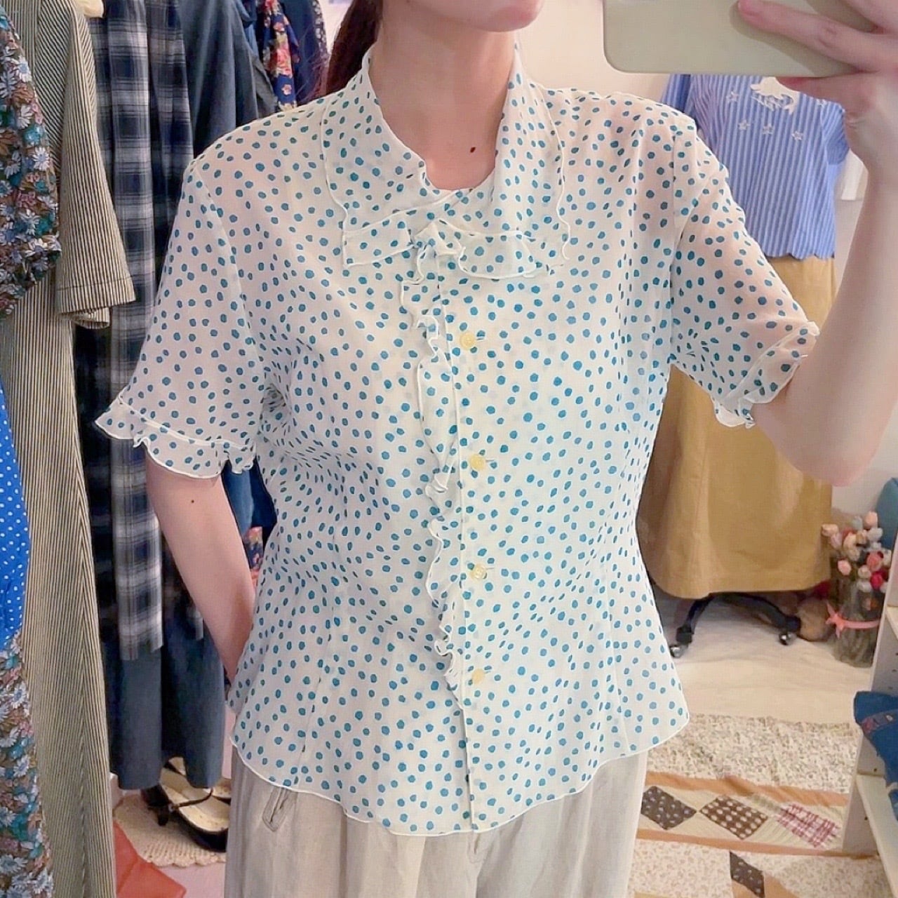 water blue dot frill blouse
