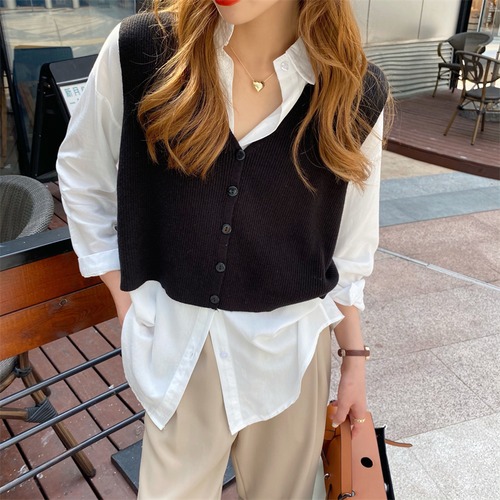 ニットスプリングオータムノースリーブセーター Vネックルーズトップス 春物 秋物 GU_DUO婦人服71319207916
