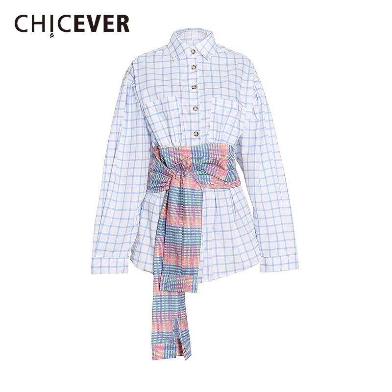 CHICEVERチェック柄シャツレディースラペル長袖ウエストレースアップヒットカラールーズブラウス2021秋 ロング オータム 秋物 6base563968660465