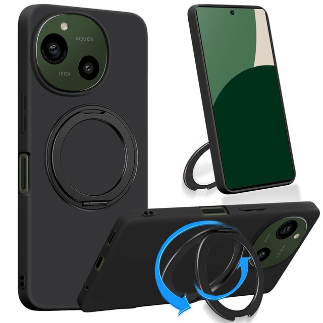 対応 AQUOS R9/R10 SH-51F/SH-51E ケース リング付き シリコン【360°回転スタンド・薄くて軽い】縦横多角度 SH-M28 リング スマホケース カバー ソフト 耐衝撃 スタンド機能付き 金属ボタン 車載ホルダー(ブラック)