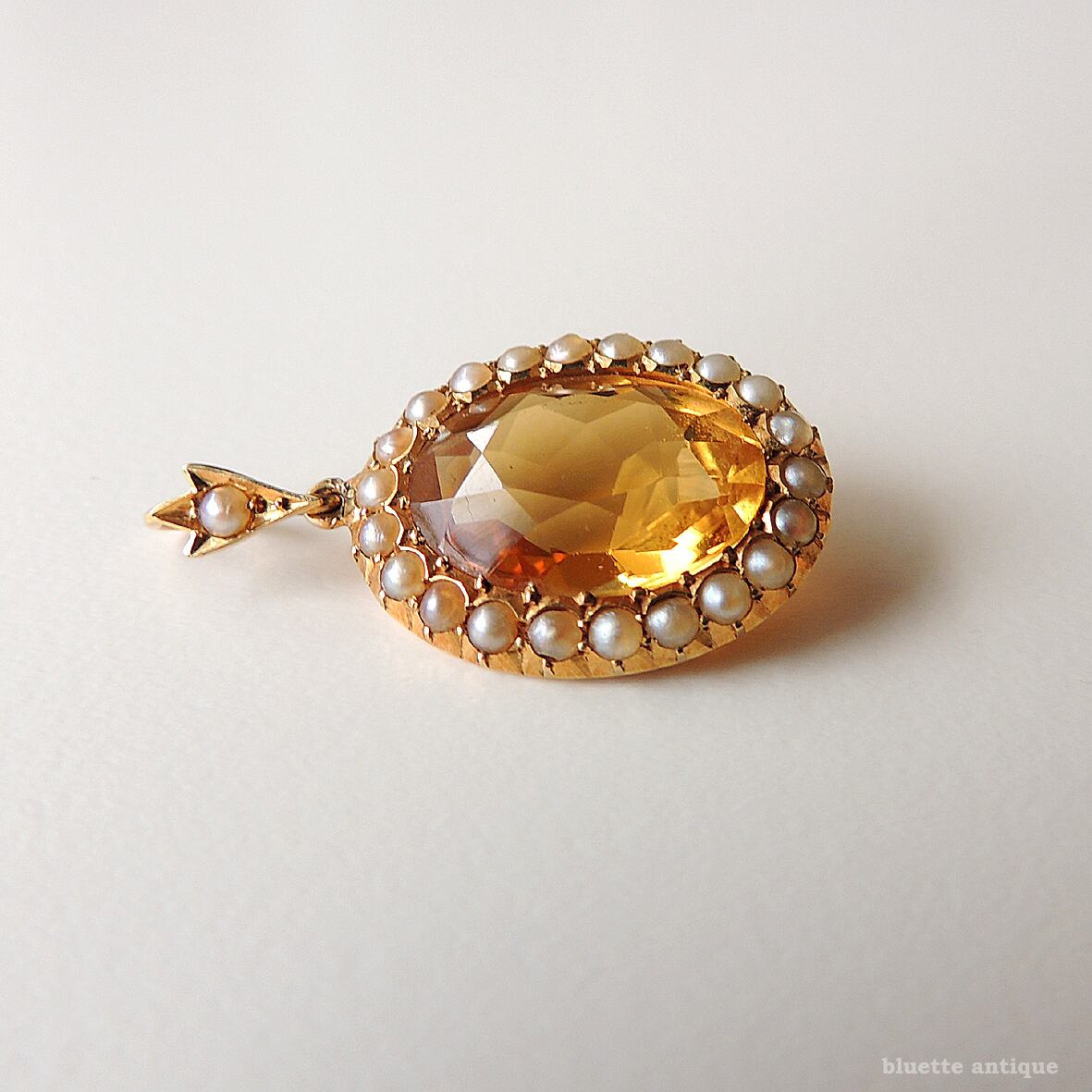 英国アンティークジュエリー 15ctゴールド 天然シトリン 真珠 オーバル