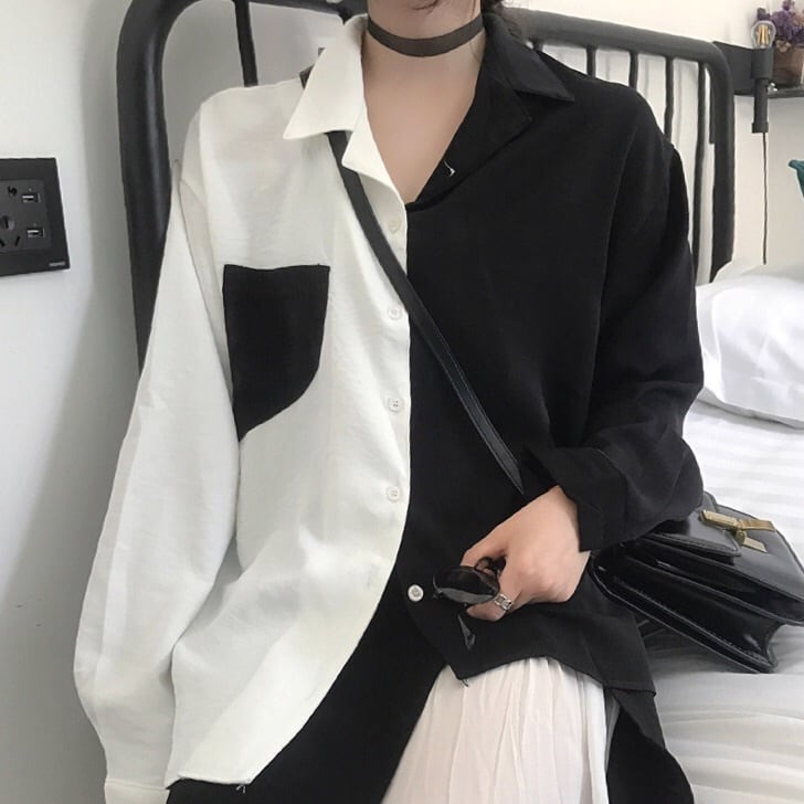 白黒 × アシメ 】アシンメトリー / モノトーン 総柄シャツ 開襟シャツ 長袖 シャツワンピース ブラウス 白 黒 / 肩落ち ドロップショルダー /トップス レディース【 単サイズ ゆったり 】 原宿 韓国 お洒落 かわいい / 新品【 秋物 冬物 】 | 白黒 × アシメ 】アシンメトリー / モノトーン 総柄シャツ 開襟シャツ 長袖 シャツワンピース ブラウス 白 黒 / 肩落ち ドロップショルダー /トップス レディース【 単サイズ ゆったり 】 原宿 韓国 お洒落 かわいい / 新品【 秋物 冬物 】 |