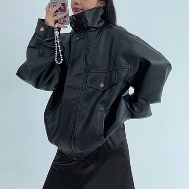 simple faux leather stand collar jacket　シンプルフェイクレザースタンドカラージャケット　J1266