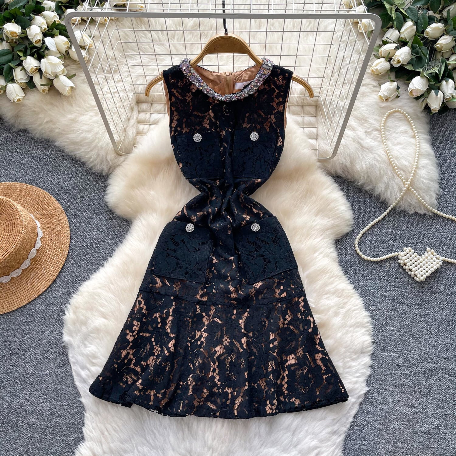 夜の宮殿 ブラックレースドレス♥B77