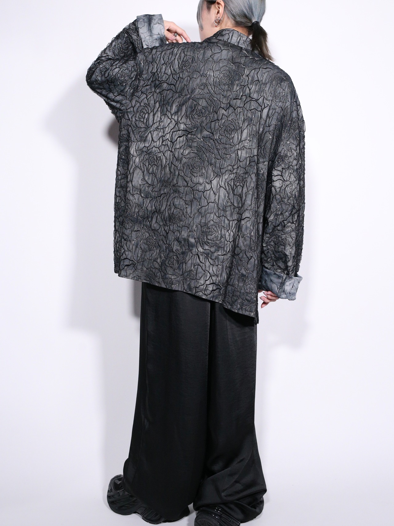 "刺繍" and mesh fabric design XXX wide silhouette shirt jacket - 5