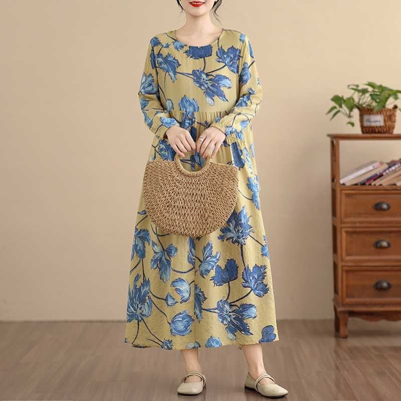 YELLOW FLOWER PRINT BOAT NECK A-LINE LONG PULLOVER DRESS 1color M-16037