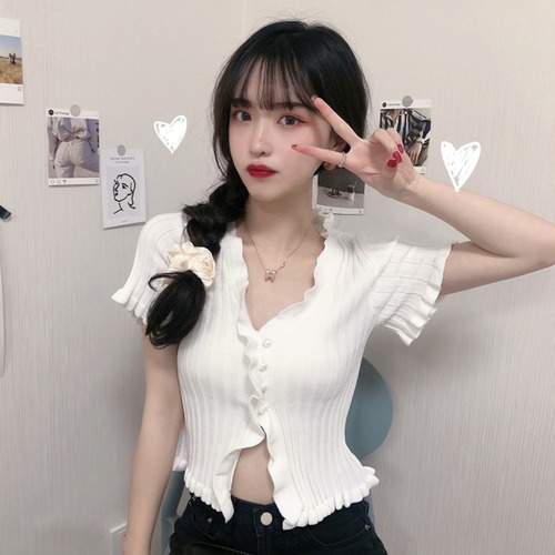 ✞ ニットショート丈ボタンシャツブラウス きれいめカワイイ♥トップス レトロ スウィート ✞ゴスロリ SM ミリ 甘ロリ クラロリ 和ロリ エレガント 黒ロリ 姫ロリ 華ロリ BB-BB7615746