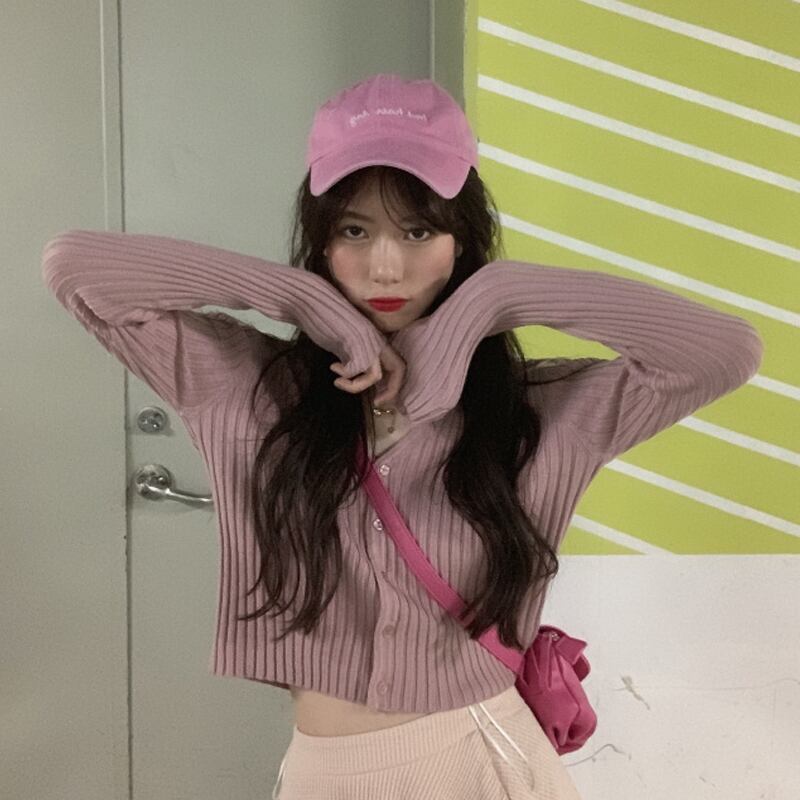 スリムニットセーター レディーススプリングスタイルショートVネックカーディガントップス ロング 春物 試着室72686531449