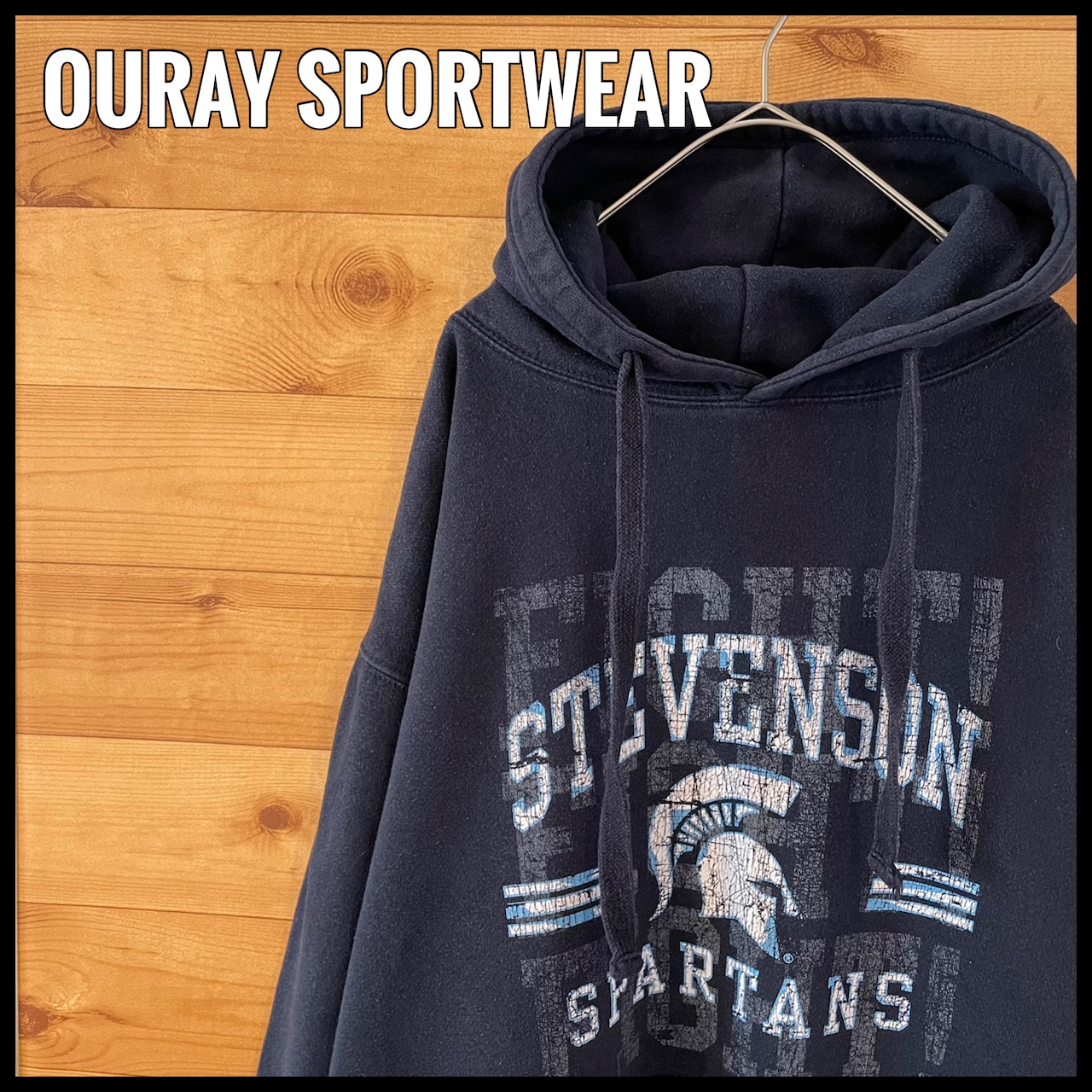 【OURAY SPORTWEAR】高校 Stevenson Spartans フットボール プリント アーチロゴ ヒビ割れ加工 ヴィンテージ 加工 パーカー スウェット プルオーバー フーディー L相当 US古着