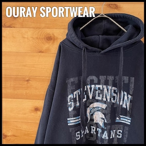 【OURAY SPORTWEAR】高校 Stevenson Spartans フットボール プリント アーチロゴ ヒビ割れ加工 ヴィンテージ 加工 パーカー スウェット プルオーバー フーディー L相当 US古着