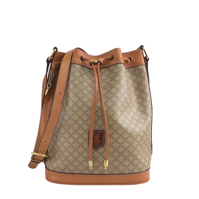 CELINE セリーヌ マカダム ショルダーバッグ ベージュ ブラゾン型押し PVCレザー 巾着 vintage ヴィンテージ オールド mmgtvv