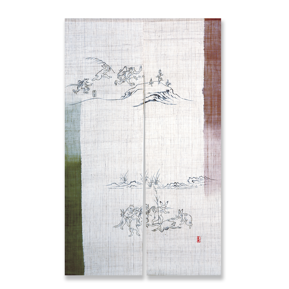 本麻 のれん 鳥獣戯画 戯れ-手描き- NK(生成)88㎝×150㎝ | 京 本麻 のれん 鳥獣戯画 戯れ-手描き- NK(生成)88㎝×150㎝ | 京