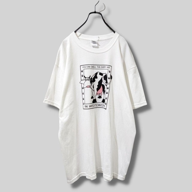 牛プリントTシャツ　古着　ホワイト　アニマル　GILDAN　ギルダン　BS156