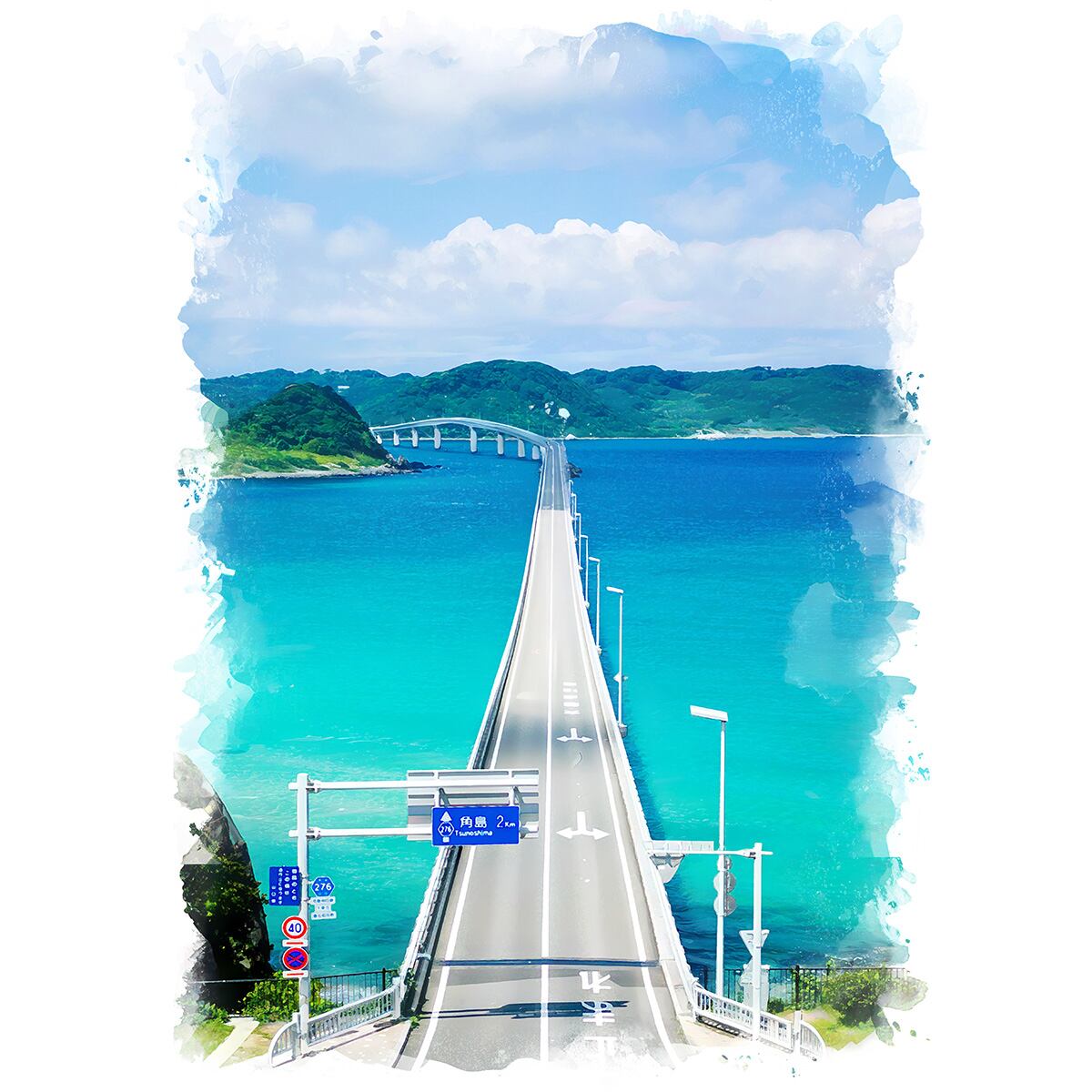 絵画(風景画) 日本 山口県 下関市 角島大橋 インテリアアート額付き