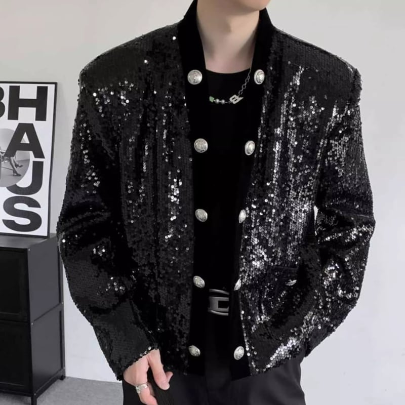 ボタンフロント ヒップ丈 スパンコール ジャケット 1color MOJ0192