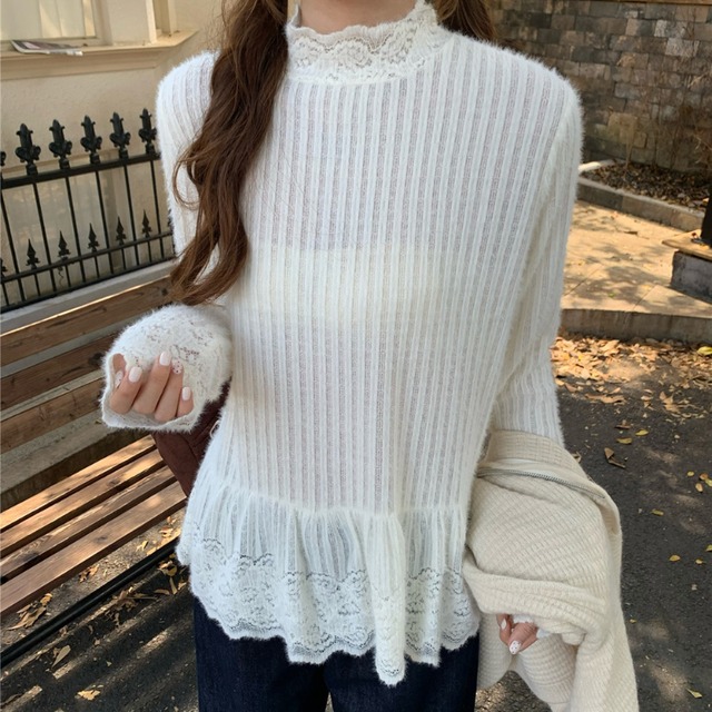 lace trim stripe layered peplum pullover  e1831