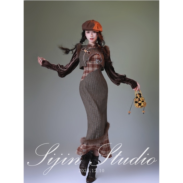 大人向け ゴスロリ ワンピース×ネックリボン 上品ツイード調・控えめ修身デザイン｜30代 アラサー