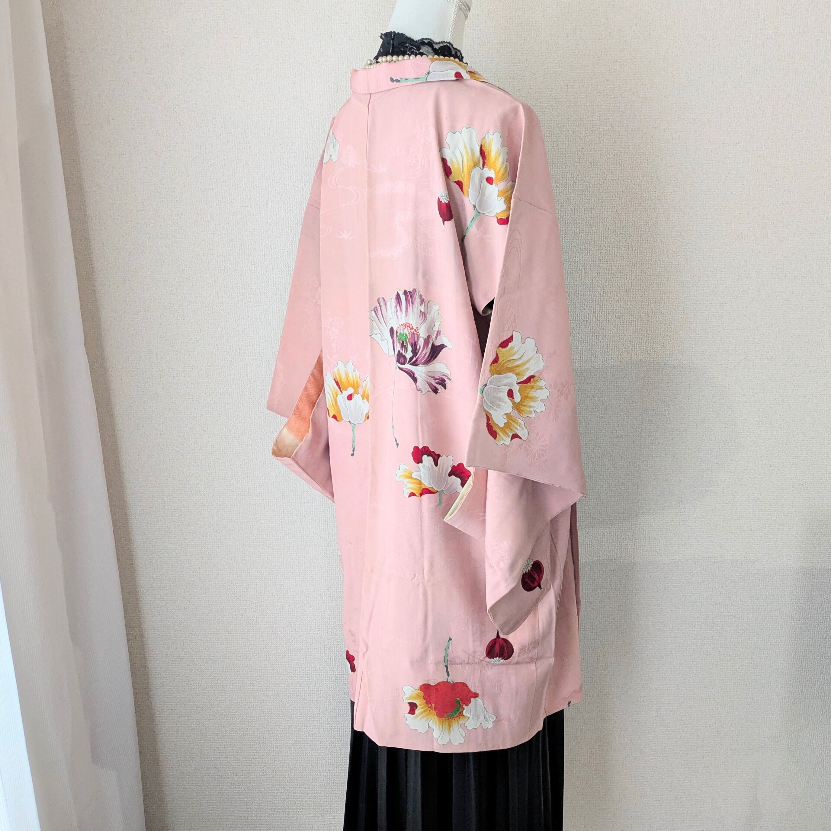 Vintage】HAORI 羽織 正絹 青みピンク ケシ 芥子柄 大正浪漫 Vintage】HAORI 羽織 正絹 青みピンク ケシ 芥子柄 大正浪漫