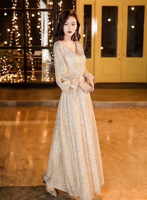 高品質！ パーティードレス シャンパン色 スパンコール エレガント  